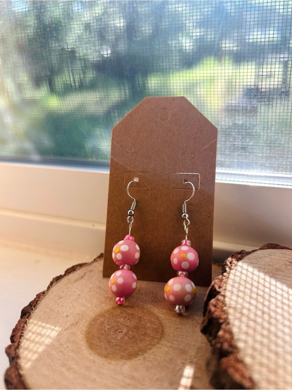 Pink Polka Dot Beaded Dangle Earrings Cute Kawaii Cottagecore Girly Jewelry